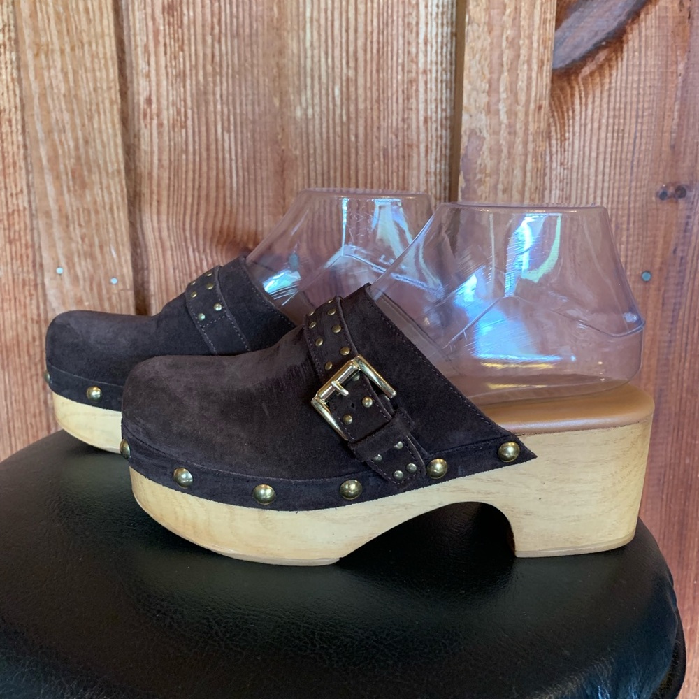Brownie Brown Faux Suede Metal Beaded Clogs Size 38 / 7.5-8